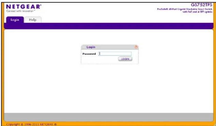 NETGEAR® GS752TPS ProSafe® All-Port Gigdist Stackable Smart Switch with PoE and 4 SP® uplinks Login Help Login Password LOGIN Copyright © 1996-2011 NETGEAR ID