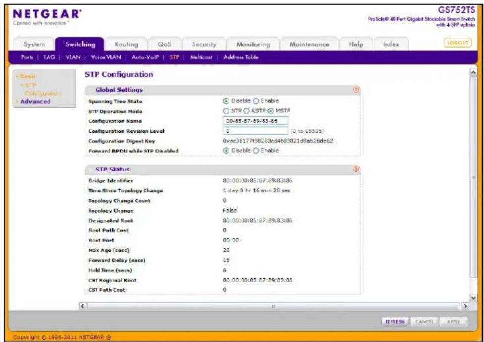 NETGEAR® Contact with Innovation® GS752TS ProSafe® 40 Port Gigabit Stockable Smart Switch with 4 SFP uplinks System Switching Routing QoS Security Monitoring Maintenance Help/Index Ports | LAG | VLAN | Voice VLAN | Auto-VoIP | STP | Multicast | Address Table SPT Configuration Global Settings Spanning Tree State Disable Enable STP Operation Mode STP RSTP MSTP Configuration Name 00-85-87-89-83-86 Configuration Revision Level 0 (0 to GS535) Configuration Digest Key 0xoc3617f50283cd4b83821d8ob26de62 Forward BPDU while STP Disabled Disable Enable STP Status Bridge Identifier 80:00:00:05:87:89:83:86 Time Since Topology Change 1 day 8 hr 16 min 20 sec Topology Change Count 0 Topology Change False Designated Root 80:00:00:05:87:89:83:86 Root Path Cost 0 Root Port 00:00 Max Age (secs) 20 Forward Delay (secs) 15 Hold Time (secs) 6 CST Regional Root 00:00:00:05:87:89:83:86 CST Path Cost 0 © Basic * STP Configurations Advanced REFRESH CANCEL APPLY Copyright © 1995-2011 NETGEAR ©