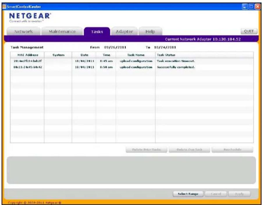 SmartControlCenter NETGEAR® Connect with Innovation® Network Maintenance Tasks Adapter Help QUIT Current Network Adapter 10.130.184.52 Task Management From 09/26/2011 To 10/24/2011 HAC Address System Date Time Task Name Task Status 20:4e27f34:bdz2f 10/04/2011 0:45 am upload configuration Task execution timeout. 00:11:24:45:60:42 10/04/2011 0:50 am upload configuration Successfully completed. Delete Driver Tasks Delete Cause Task Baseband Select Range Cancel Apply Copyright © 2028-2011 Netgear ©