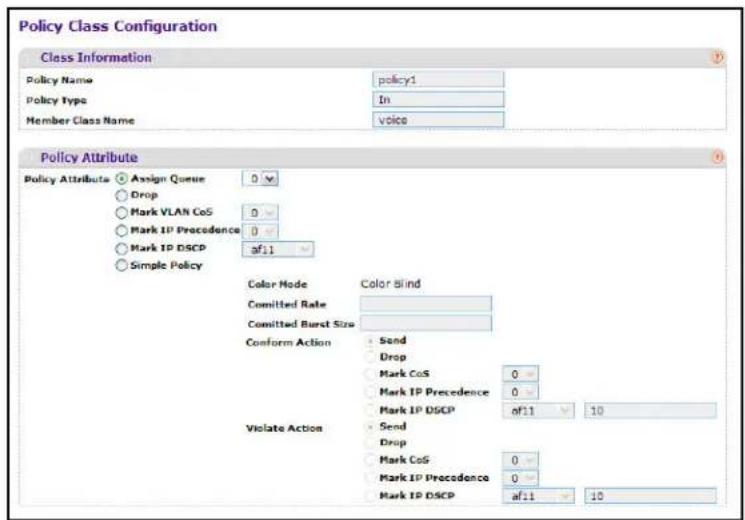 Policy Class Configuration Class Information Policy Name policy1 Policy Type In Member Class Name voice Policy Attribute Policy Attribute Assign Queue 0 Drop Mark VLAN CoS 0 Mark IP Precedence 0 Mark IP DSCP af11 Simple Policy Color Mode Color Blind Committed Rate Committed Burst Size Conform Action Send Drop Mark CoS 0 Mark IP Precedence 0 Mark IP DSCP af11 10 Violate Action Send Drop Mark CoS 0 Mark IP Precedence 0 Mark IP DSCP af11 10
