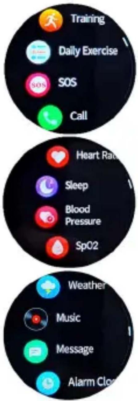 Training Daily Exercise SOS Call Heart Rate Sleep Blood Pressure SpO2 Weather Music Message Alarm Close