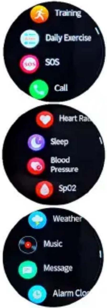 Training Daily Exercise SOS Call Heart Rate Sleep Blood Pressure SpO2 Weather Music Message Alarm Clock
