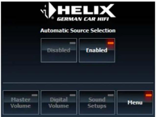 HELIX GERMAN CAR HIFI Automatic Source Selection Disabled Enabled Master Volume Digital Volume Sound Setups Menu