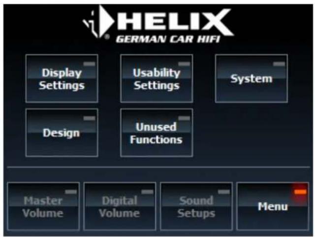 HELIX GERMAN CAR HIFI Display Settings Usability Settings System Design Unused Functions Master Volume Digital Volume Sound Setups Menu