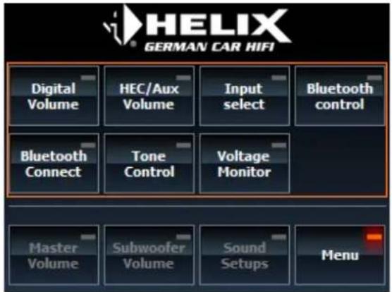 HELIX GERMAN CAR HIFI Digital Volume HEC/Aux Volume Input select Bluetooth control Bluetooth Connect Tone Control Voltage Monitor Master Volume Subwoofer Volume Sound Setups Menu