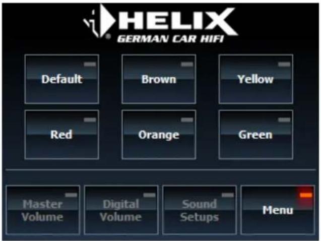 HELIX GERMAN CAR HIFI Default Brown Yellow Red Orange Green Master Volume Digital Volume Sound Setups Menu