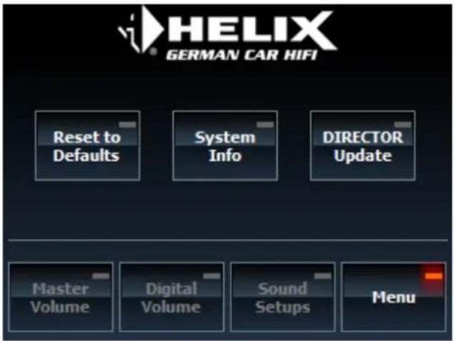 HELIX GERMAN CAR HIFI Reset to Defaults System Info DIRECTOR Update Master Volume Digital Volume Sound Setups Menu