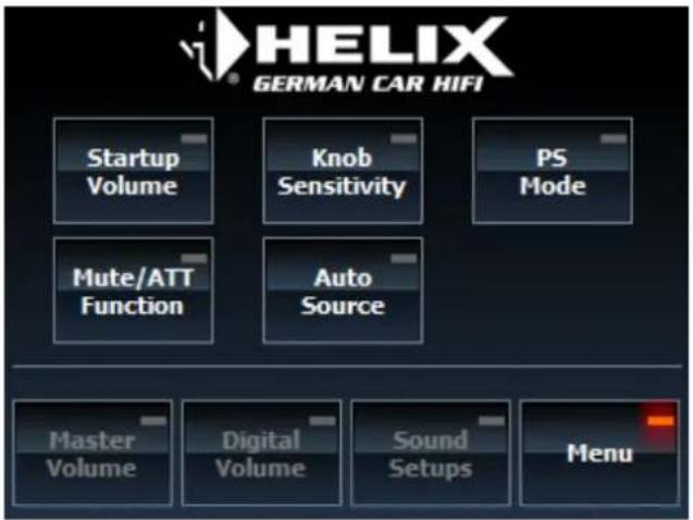 HELIX GERMAN CAR HIFI Startup Volume Knob Sensitivity PS Mode Mute/ATT Function Auto Source Master Volume Digital Volume Sound Setups Menu