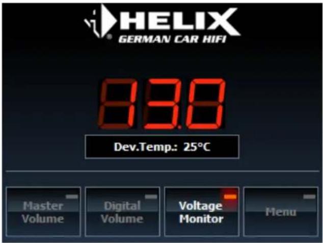 HELIX GERMAN CAR HIFI 83.0 Dev.Temp.: 25°C Master Volume Digital Volume Voltage Monitor Menu