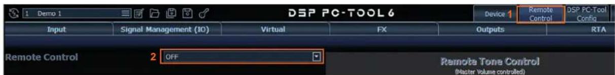 1 Demo 1 DSP PC-TOOL 6 Device 1 Remote Control DSP PC-Tool Config Input Signal Management (IO) Virtual FX Outputs RTA Remote Control 2 OFF Remote Tone Control MASTER Volume controlled)
