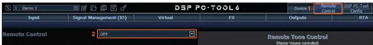 1 Demo 1 DSP PC-TOOL6 Device 1 Remote Control DSP PC-Tool Config Input Signal Management (IO) Virtual FX Outputs RTA Remote Control 2 OFF Remote Tone Control MASTER Volume controlled)