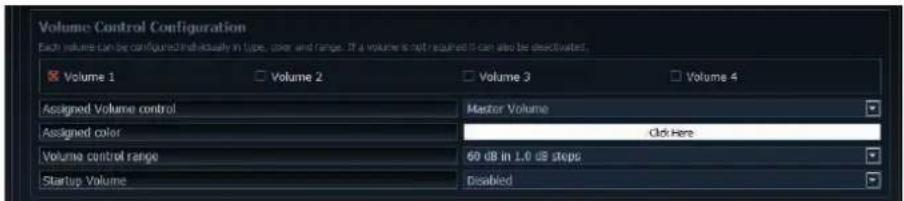 Volume Control Configuration Each volume can be configured individually in type, color and range. If a volume is not required it can also be deactivated. Volume 1 Volume 2 Volume 3 Volume 4 Assigned Volume control Master Volume Assigned color Click Here Volume control range 60 dB in 1.0 dB steps Startup Volume Disabled