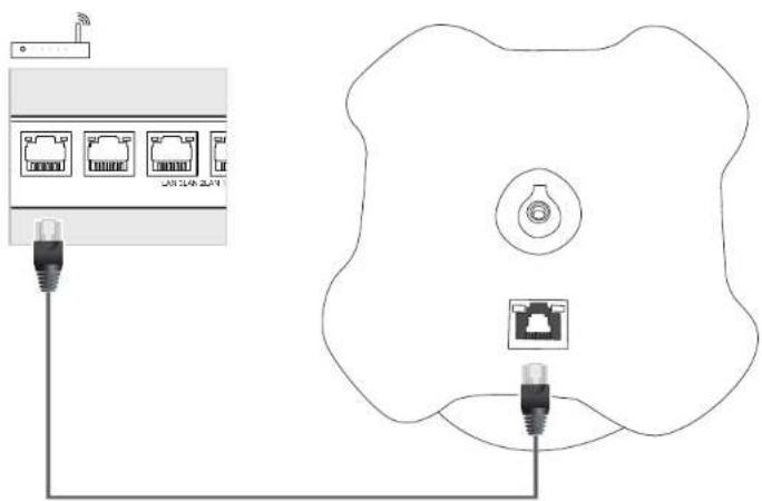 Diagram showing connections between a network device and a device with labeled ports and connectors