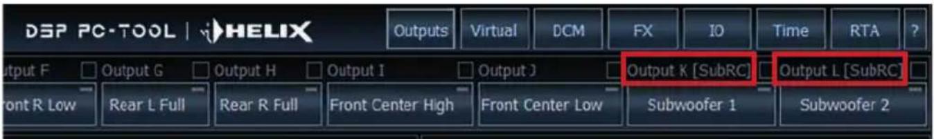 DEP PC-TOOL | HELIX Outputs Virtual DCM FX IO Time RTA ? Output F Output G Output H Output I Output J Output K [SubRC] Output L [SubRC] Front R Low Rear L Full Rear R Full Front Center High Front Center Low Subwoofer 1 Subwoofer 2