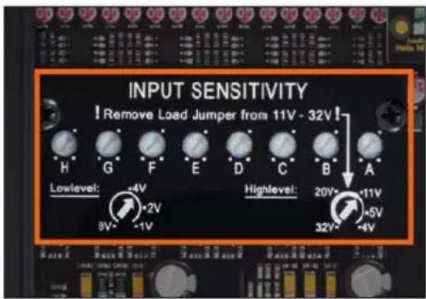 INPUT SENSITIVITY ! Remove Load Jumper from 11V - 32V! Lowlevel: +4V 8V~ -2V -1V Highlevel: 20V~ +11V -5V 32V~ -4V