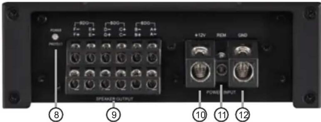 POWER F+ E+ D- C+ B- A+ PRODU 800 800 800 +12V REM GND SPEAKER OUTPUT 10 11 12 POWER INPUT