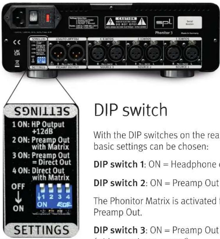 DIP switch With the DIP switches on the real basic settings can be chosen: DIP switch 1: ON = Headphone d DIP switch 2: ON = Preamp Out The Phonitor Matrix is activated f Preamp Out. DIP switch 3: ON = Preamp Out (without or unless control)