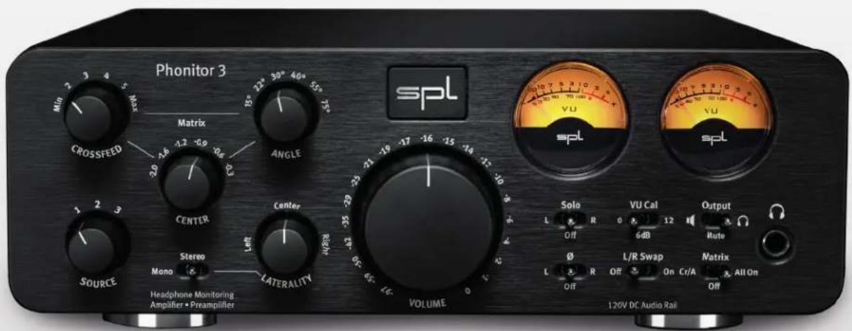 Phonitor 3 Matrix SPL VU spl spl Mio 2 3 4 5 Crossfeed -2.0 -1.6 -1.2 -0.9 CENTER 1 2 3 Stereo Mono & LATERALITY Headphone Monitoring Amplifier • Pirampifier Risin Volume Solo VU Cal Output Off 6dB Mute L/R Swap Matrix Off On Cr/A All On Off Off Off On Cr/A Off 120V DC Audio Rail