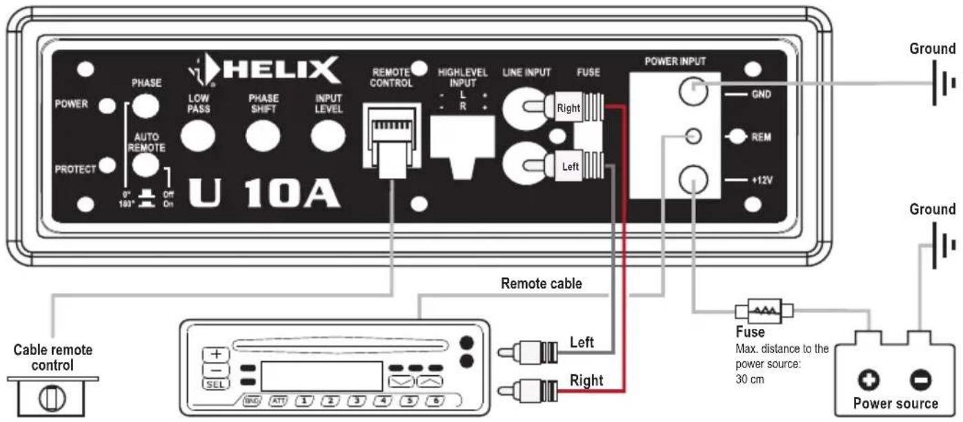 HELIX U 10A POWER PHASE LOW PASS PHASE SHIFT INPUT LEVEL AUTO REMOTE PROTECT 0° 100° Diff On REMOTE CONTROL HIGHLEVEL INPUT L R LINE INPUT FUSE Right Left POWER INPUT GND REM +12V Remote cable Cable remote control Left Right Fuse Max. distance to the power source: 30 cm Power source