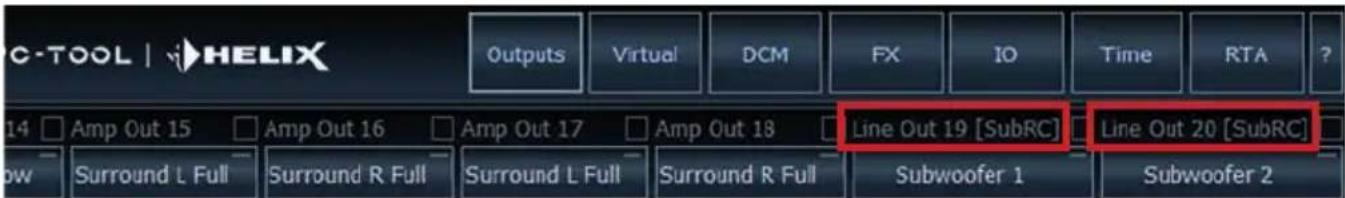 C-TOOL | HELIX Outputs Virtual DCM FX IO Time RTA ? 14 Amp Out 15 Amp Out 16 Amp Out 17 Amp Out 18 Line Out 19 [SubRC] Line Out 20 [SubRC] ow Surround L Full Surround R Full Surround L Full Surround R Full Subwoofer 1 Subwoofer 2