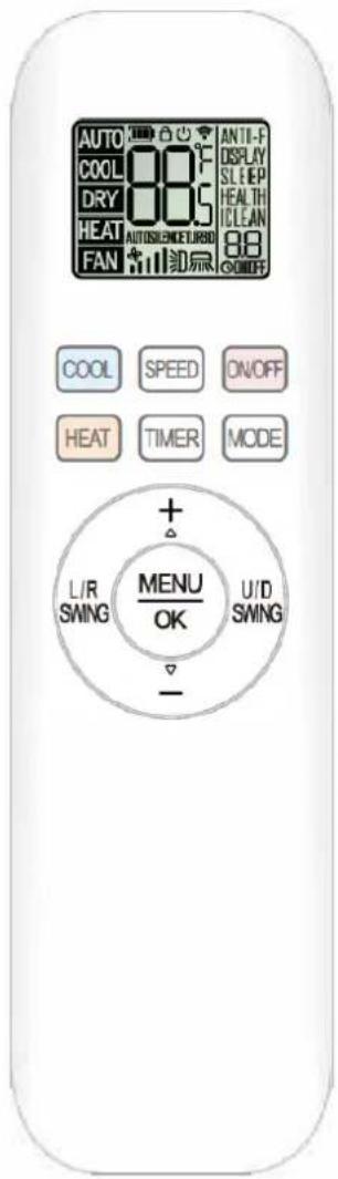 AUTO COOL 88°F DRY 88.5 HEAT AUTOS/EME/JURSDI 88 FAN 111 回尿 COOFF COOL SPEED ON/OFF HEAT TIMER MODE + L/R MENU U/D SWING OK SWING -