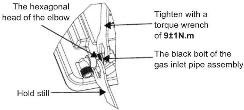 The hexagonal head of the elbow Tighten with a torque wrench of 9±1N.m The black bolt of the gas inlet pipe assembly Hold still