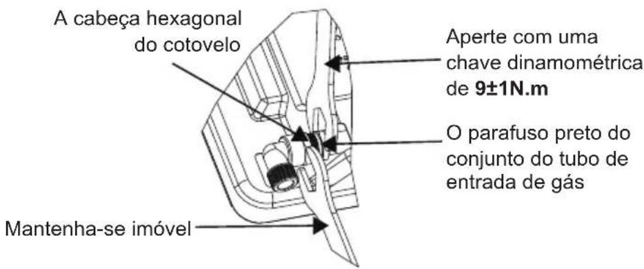 A cabeça hexagonal do cotovelo Aperte com uma chave dinamométrica de 9±1N.m O parafuso preto do conjunto do tubo de entrada de gás Mantenha-se imóvel