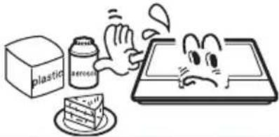 Cartoon illustration showing a hand reaching toward a food tray with a sad face, next to a plastic container and cake.
