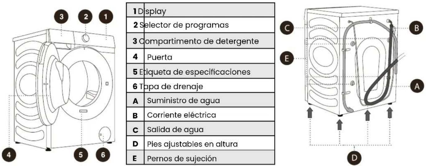 1 Display 2 Selector de programas 3 Compartimento de detergente 4 Puerta 5 Etiqueta de especificaciones 6 Tapa de drenaje A Suministro de agua B Corriente eléctrica C Salida de agua D Pies ajustables en altura E Pernos de sujeción