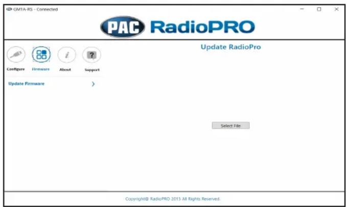 GM1A-RS - Connected PAC RadioPRO Update RadioPro Configure Firmware About Support Update Firmware > Select File Copyright© RadioPRO 2015 All Rights Reserved.