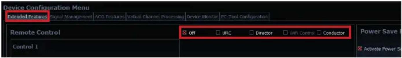 Device Configuration Menu Extended Features Signal Management ACD Features Virtual Channel Processing Device Monitor PC-Tool Configuration Remote Control off URC Director Wi-Fi control Conductor Control 1 Power Save Activate Power S