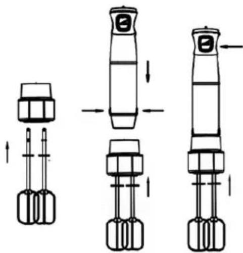Diagram showing three stages of a mechanical or electrical component with directional arrows indicating movement or assembly.