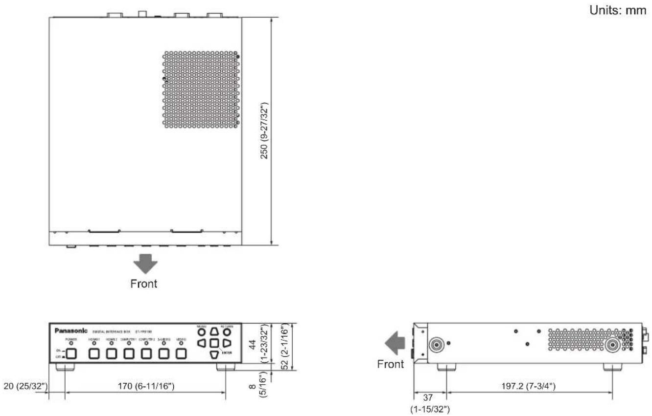 Units: mm 250 (9-27/32") Front Panasonic DIGITAL INTERFACE BOX ET-199130 44 (1-23/32") 52 (2-1/16") 8 (5/16") 20 (25/32") 170 (6-11/16") Front 37 (1-15/32") 197.2 (7-3/4")