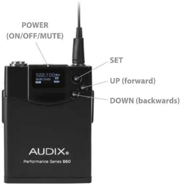 POWER (ON/OFF/MUTE) SET UP (forward) DOWN (backwards) AUDIX® Performance Series B60