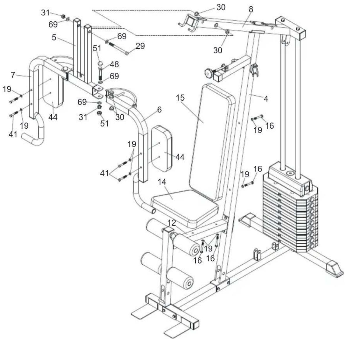 Technical diagram of a gym equipment with numbered components and labeled parts