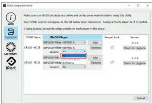 Make sure your BluOS products are online and on the same network before using this utility. Your CP100 devices will appear in the list below when discovered. Assign a BluOS player for it to control. If using groups, be sure to setup presets on each player in the group CP100 Name: BluOS Player BSP1000 White + BSP100 A Add CP100 - 0035 BSP1000 White + BSP100 A Remove Volume: BSP1000 White BSP500 A Add CP100 - 0035 BSP1000 White BSP500 A Remove Volume: All Keypad Lack Version 3.174 Check for Upgrade 1.174 Check for Upgrade Upload