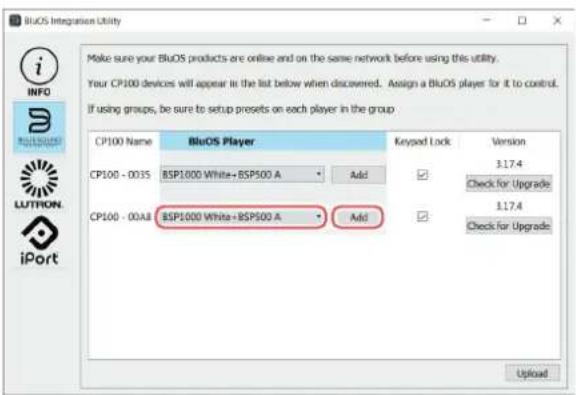 Make sure your BluOS products are online and on the same network before using this utility. Your CP100 devices will appear in the list below when discovered. Assign a BluOS player for it to control. If using groups, be sure to setup presets on each player in the group. CP100 Name BluOS Player CP100 - 003S 8SP1000 White+ BSP500 A Add CP100 - 00A8 8SP1000 White+ BSP500 A Add Keypad Lock Version 3.17.4 Check for Upgrade 1.17.4 Check for Upgrade Upload