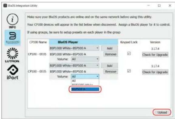 BlueOS Integration Utility Make sure your BlueOS products are online and on the same network before using this utility. Your CP100 devices will appear in the list below when discovered. Assign a BlueOS player for it to control. If using groups, be sure to setup presets on each player in the group CP100 Name BSP1000 White + BSP500 A Add CP100 - 0035 BSP1000 White + BSP500 A Remove Volume: All BSP1000 White + BSP500 A Add CP100 - 0035 BSP1000 White + BSP500 A Remove Volume: All BSP1000 White + BSP500 A BSP500 A Keypod Lock Version 3.17.4 Check for Upgrade 3.17.4 Check for Upgrade Upload