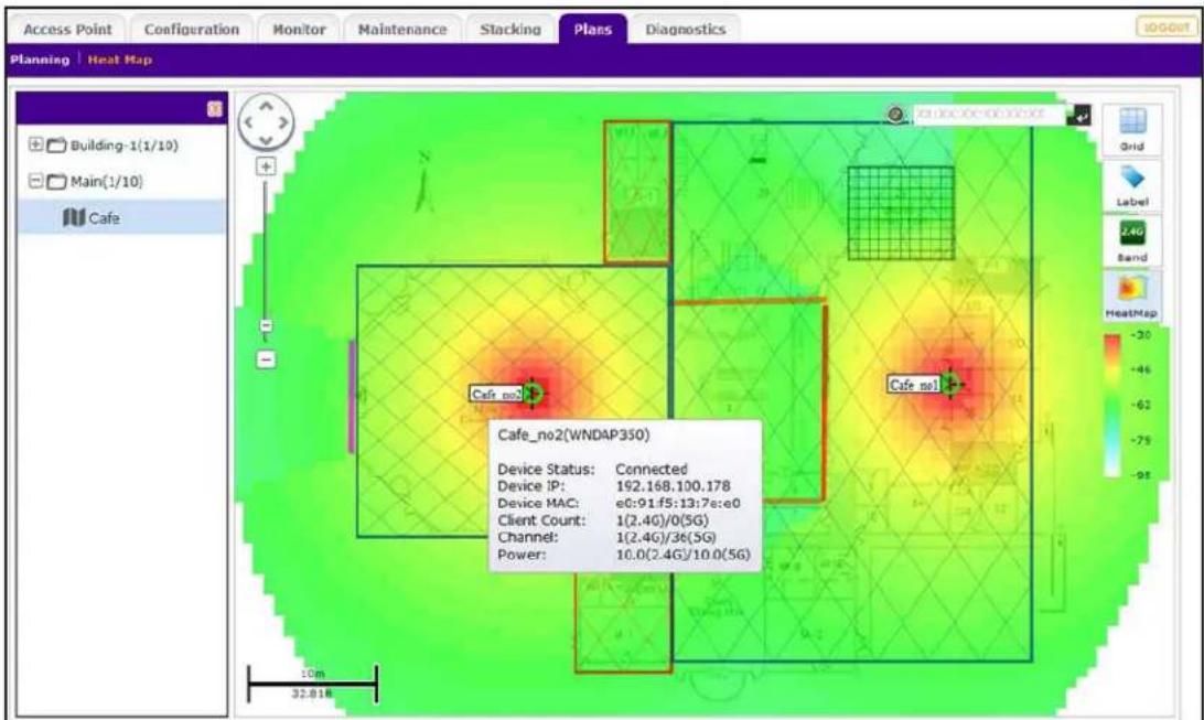 Access Point Configuration Monitor Maintenance Stacking Plans Diagnostics Planning | Heat Map Building-1(1/10) Main(1/10) Cafe Cafe_no2(WNDAP350) Device Status: Connected Device IP: 192.168.100.178 Device MAC: e0:91.f5:13:7e:e0 Client Count: 1(2.4G)/0(5G) Channel: 1(2.4G)/36(5G) Power: 10.0(2.4G)/10.0(5G) 32.818 -30 -46 -62 -78 -94 HeatMap Grid Label Band 100Out
