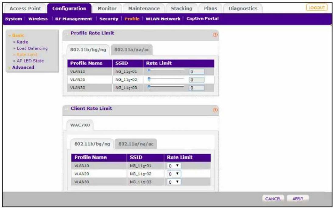 Access Point Configuration Monitor Maintenance Stacking Plans Diagnostics System | Wireless | RF Management | Security | Profile | WLAN Network | Captive Portal LOGOUT Basic » Radio » Load Balancing » Rate Limit » AP LED State Advanced Profile Rate Limit 802.11b/bg/ng 802.11a/na/ac Profile Name SSID Rate Limit VLAN10 NG_11g-01 0 VLAN20 NG_11g-02 0 VLAN30 NG_11g-03 0 Client Rate Limit WAC/X0 802.11b/bg/ng 802.11a/na/ac Profile Name SSID Rate Limit VLAN10 NG_11g-01 0 ▼ VLAN20 NG_11g-02 0 ▼ VLAN30 NG_11g-03 0 ▼ CANCEL APPLY