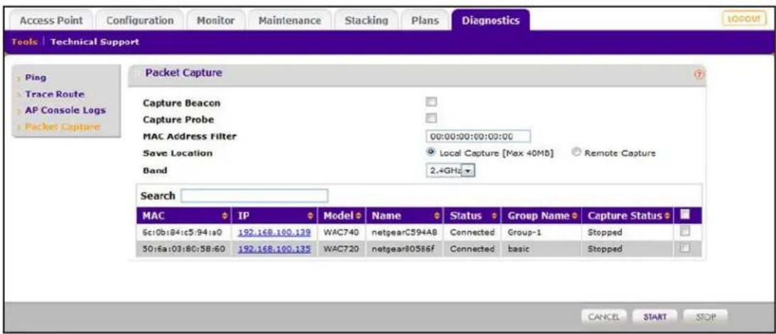 Access Point Configuration Monitor Maintenance Stacking Plans Diagnostics Tools | Technical Support Packet Capture Capture Beacon Capture Probe MAC Address Filter 00:00:00:00:00:00 Save Location Local Capture [Max 40MB] Remote Capture Band 2.4GHz Search MAC IP Model Name Status Group Name Capture Status 5c10b1841c5:94:a0 192.168.100.129 WAC740 naggearC594AB Connected Group-1 Stopped 50:6a103:80:58:60 192.168.100.135 WAC720 naggear80586f Connected basic Stepped CANCEL SART SOP