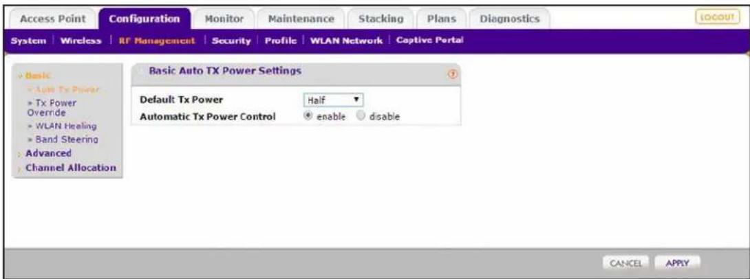 Access Point Configuration Monitor Maintenance Stacking Plans Diagnostics System | Wireless | RF Management | Security | Profile | WLAN Network | Captive Portal LOGOUT Basic • Auto Tx Power • Tx Power Override • WLAN Feeling • Band Steering • Advanced Channel Allocation Basic Auto TX Power Settings Default Tx Power Half Automatic Tx Power Control enable disable CANCEL APPLY