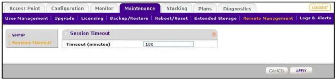 Access Point Configuration Monitor Maintenance Stacking Plans Diagnostics User Management Upgrade Licensing Backup/Restore Reboot/Reset Extended Storage Remote Management Logs & Alerts SNMP Session Timeout Session Timeout Timeout (minutes) 100 CANCEL APPLY