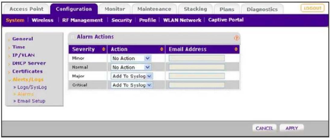 Access Point Configuration Monitor Maintenance Stacking Plans Diagnostics LOGOUT System | Wireless | RF Management | Security | Profile | WLAN Network | Captive Portal General Time IP/VLAN DHCP Server Certificates Alerts/Logs > Logs/SysLog > Alarms > Email Setup Alarm Actions Severity Action Email Address Minor No Action Normal No Action Major Add To Syslog Critical Add To Syslog CANCEL APPLY