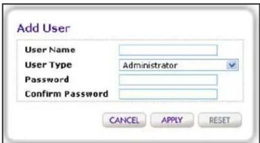 Add User User Name User Type Administrator Password Confirm Password CANCEL APPLY RESET