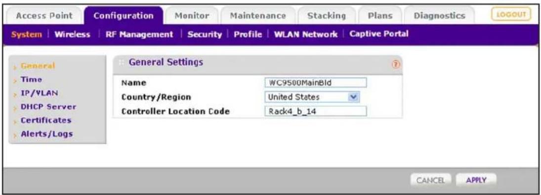 Access Point Configuration Monitor Maintenance Stacking Plans Diagnostics LOGOUT System | Wireless | RF Management | Security | Profile | WLAN Network | Captive Portal General Time IP/VLAN DHCP Server Certificates Alerts/Logs Name WC9500MainBld Country/Region United States Controller Location Code Rack4_b_14 CANCEL APPLY