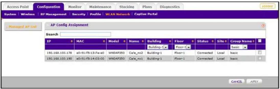 Access Point Configuration Monitor Maintenance Stacking Plans Diagnostics System | Wireless | RF Management | Security | Profile | WLAN Network | Captive Portal Managed AP List AP Config Assignment Search IP MAC Model Name Building Floor Status Site Croup Name 192.168.100.178 e0:91:f5:13:7:e:e0 WNDAP350 Cafe_no2 Building-1 Floor-1 Connected Loca1的基本 192.168.100.190 e0:91:f5:14:03:00 WNDAP350 Cafe_no1 Building-1 Floor-1 Connected Loca1 basic CANCEL APPLY