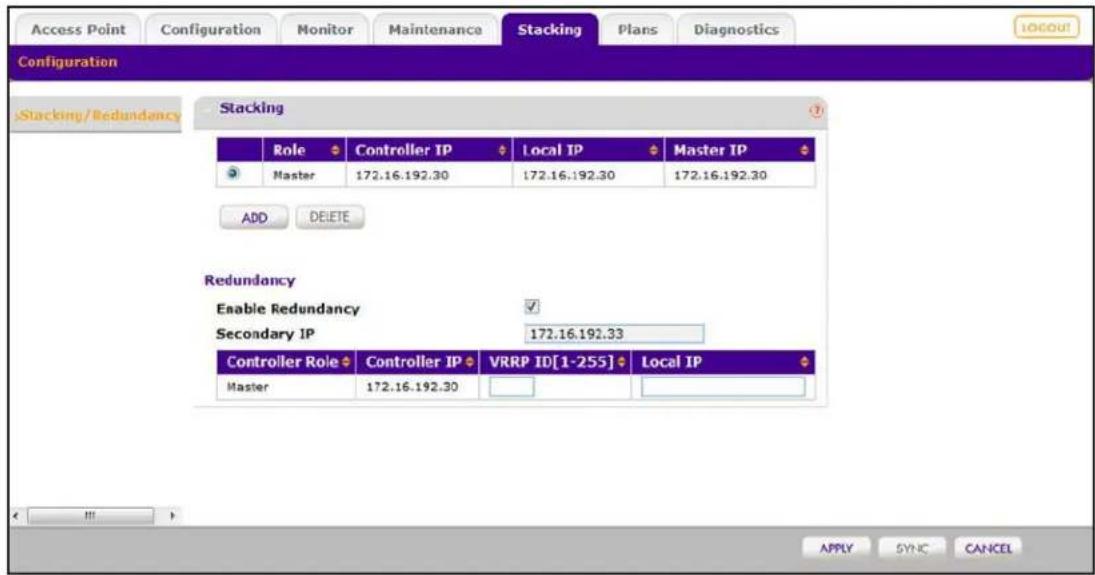 Access Point Configuration Monitor Maintenance Stacking Plans Diagnostics Configuration Stacking/Redundancy Stacking Role Controller IP Local IP Master IP Master 172.16.192.30 172.16.192.30 172.16.192.30 ADD DELETE Redundancy Enable Redundancy ✓ Secondary IP 172.16.192.33 Controller Role Controller IP VRRP ID[1-255] Local IP Master 172.16.192.30 APPLY SYNC CANCEL