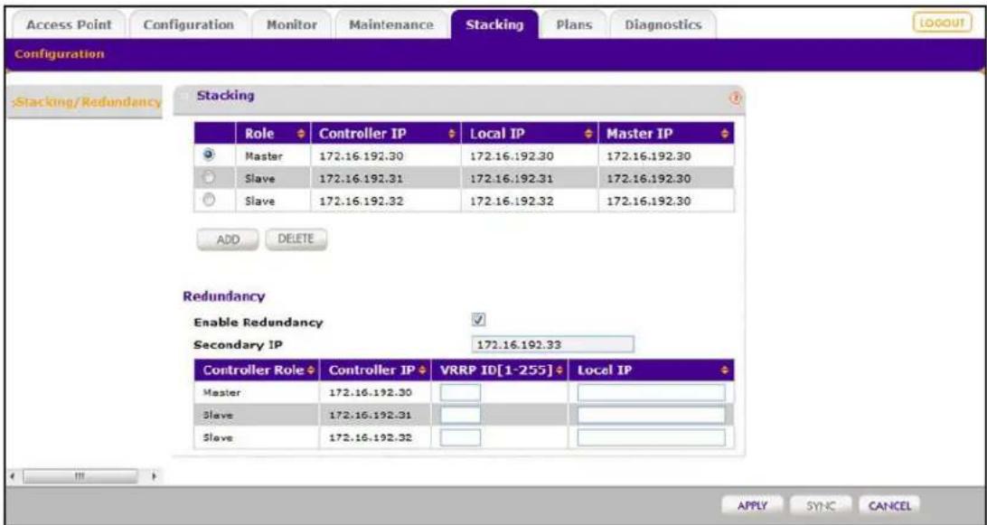 Access Point Configuration Monitor Maintenance Stacking Plans Diagnostics Configuration Stacking/Redundancy Stacking Role Controller IP Local IP Master IP Master 172.16.192.30 172.16.192.30 172.16.192.30 Slave 172.16.192.31 172.16.192.31 172.16.192.30 Slave 172.16.192.32 172.16.192.32 172.16.192.30 ADD DELETE Redundancy Enable Redundancy Secondary IP 172.16.192.33 Controller Role Controller IP VRRP ID[1-255] Local IP Master 172.16.192.30 Slave 172.16.192.31 Slave 172.16.192.32 APPLY SYNC CANCEL