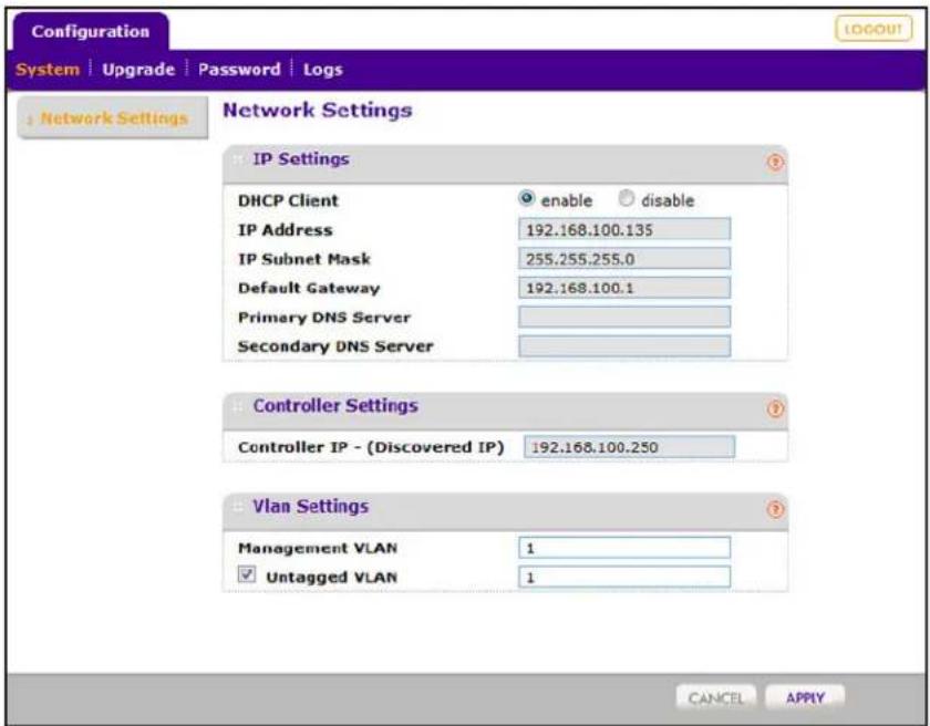 Configuration System | Upgrade | Password | Logs Network Settings Network Settings IP Settings DHCP Client enable disable IP Address 192.168.100.135 IP Subnet Mask 255.255.255.0 Default Gateway 192.168.100.1 Primary DNS Server Secondary DNS Server Controller Settings Controller IP - (Discovered IP) 192.168.100.250 Vlan Settings Management VLAN 1 ✓ Untagged VLAN 1 CANCEL APPLY